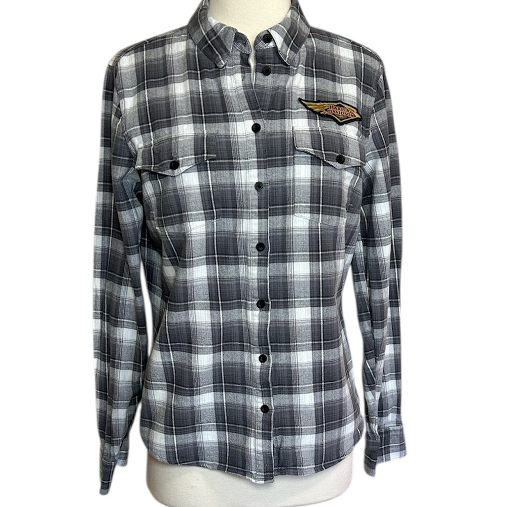Harley Davidson 120th Anniversary Retro Flannel Shirt black gray plaid sz M